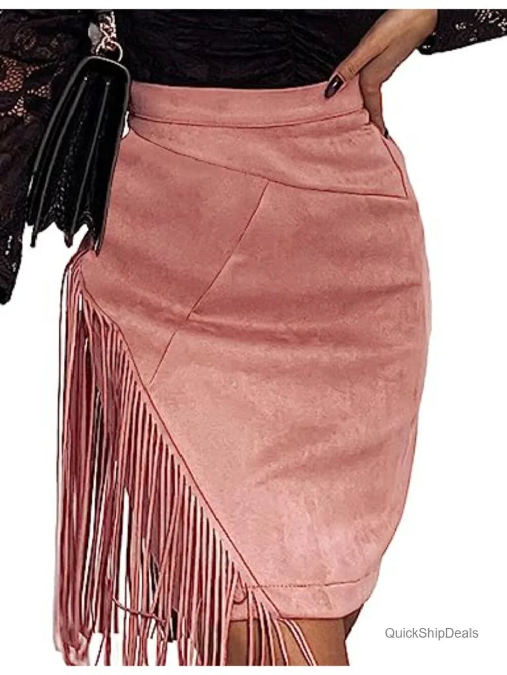 Women's High Waisted Bodycon Faux Suede Fringe Pencil Mini Skirt
